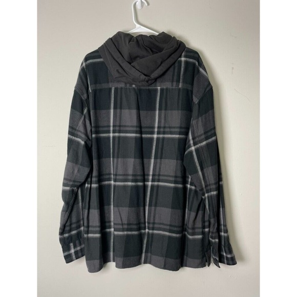 American Eagle Hoodie Mens XL BLACK Plaid Hooded Button Up Fleece SHIRT - Picture 2 of 11